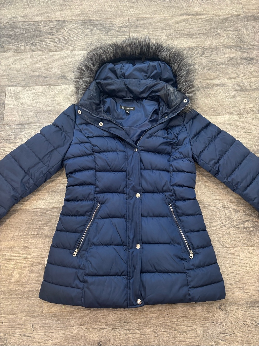 INC International Concepts Navy Quilted Puffer Coat with Faux-Fur Trim Hood